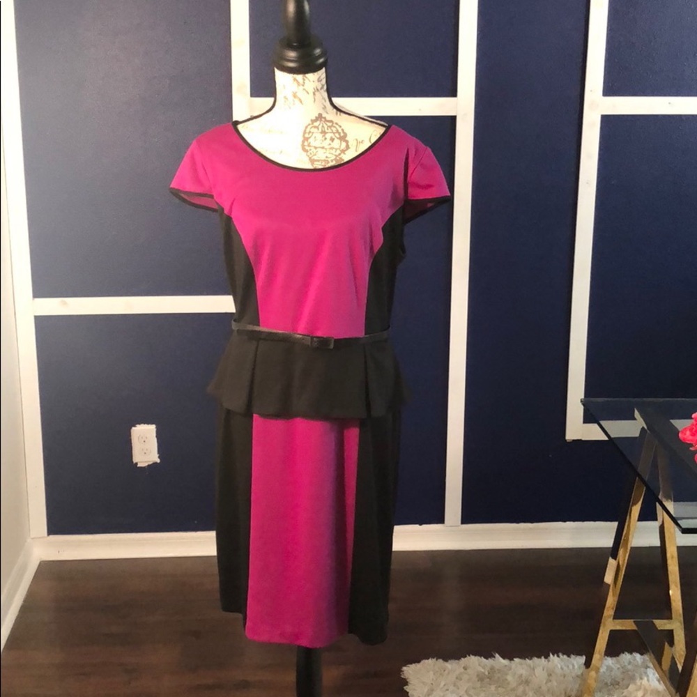Leslie Faye Black/pink peplum color block dress